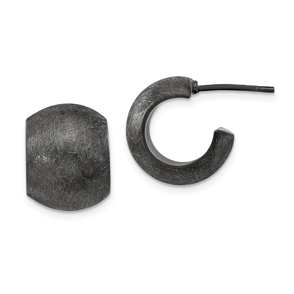 A pair of dark textured metal hoop earrings, one shown as a chunky cylinder and the other as a curved C-shape with a post.
