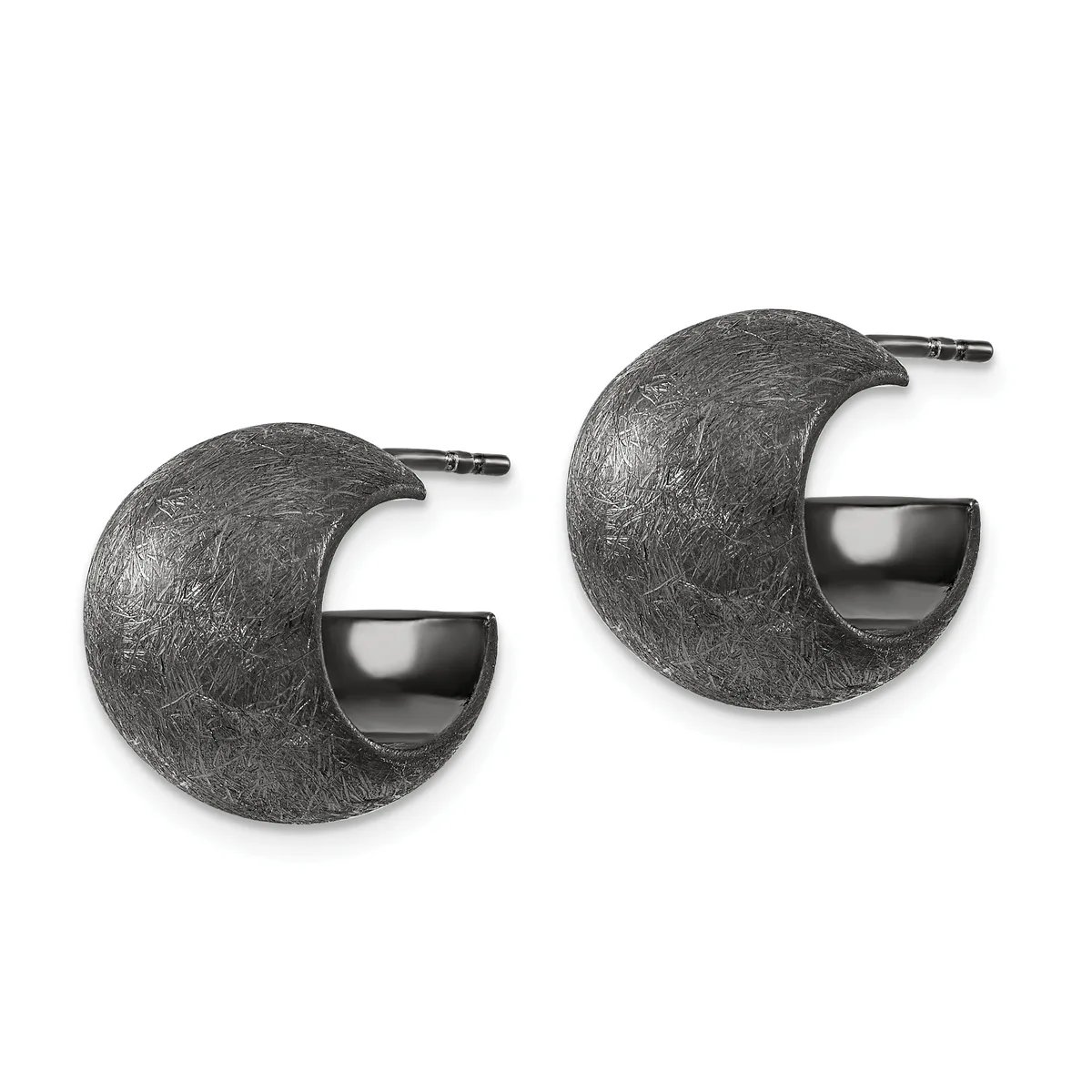 Pair of textured blackened metal crescent-shaped hoop earrings with polished curved insets and post-back closures.