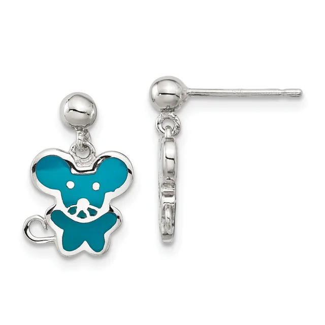 A pair of silver dangle earrings with ball posts, each featuring a teal enamel flower charm with a smiling face design.