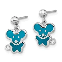 Pair of silver dangle earrings with teal enamel butterfly charms featuring white dot details and small loop attachments, shown front and back views.