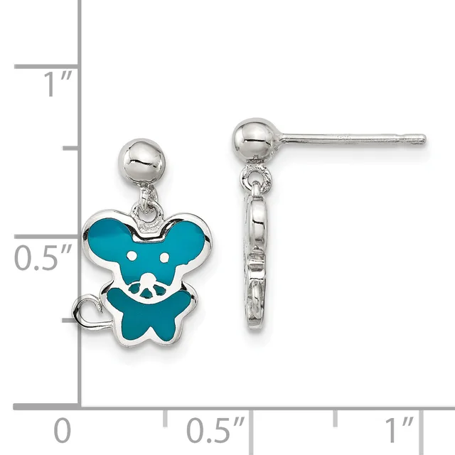 Pair of silver stud earrings with dangling turquoise enamel butterfly charms, shown next to a ruler measuring approximately 0.75 inches in length.