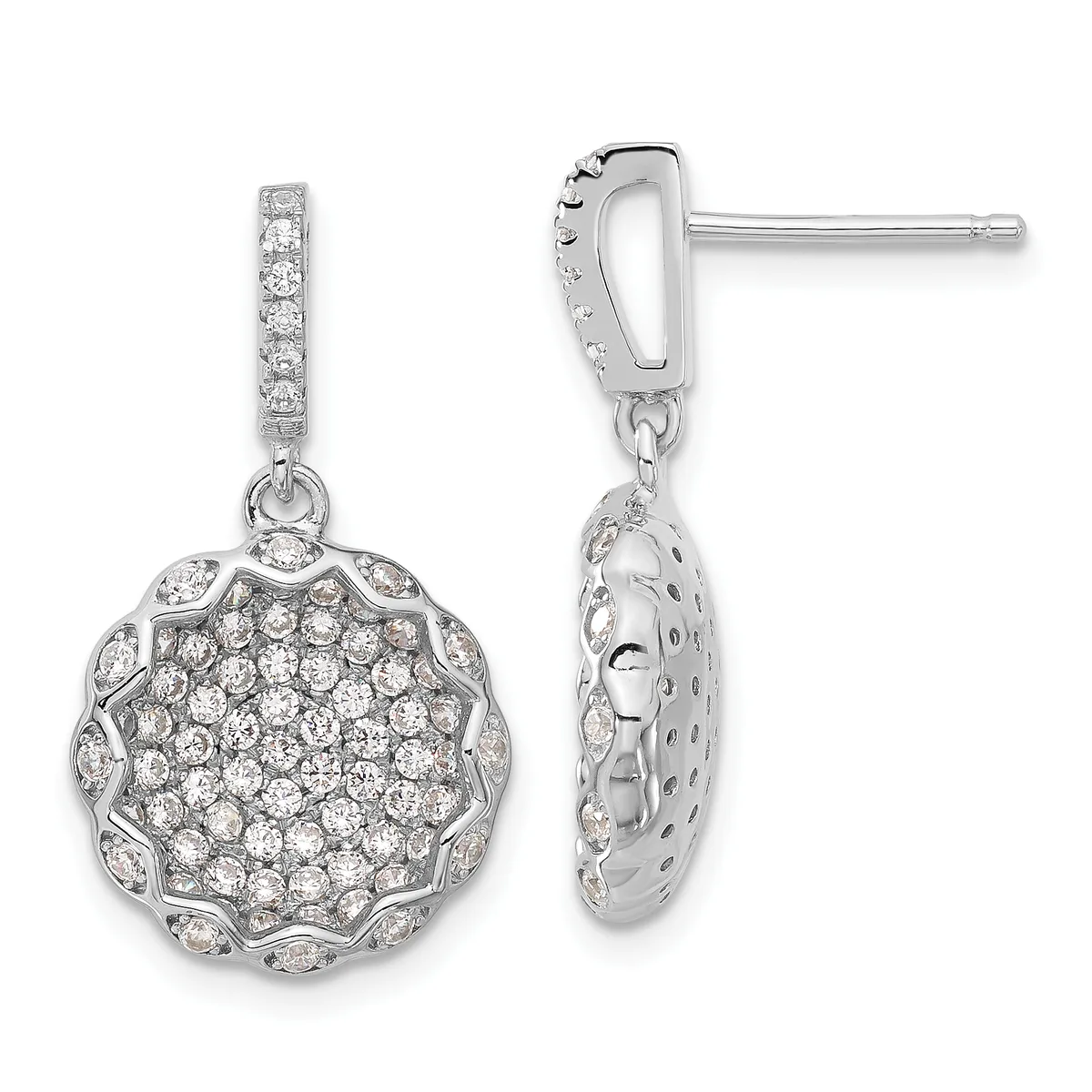 A pair of silver drop earrings with diamond-studded posts and circular pendants featuring round diamonds arranged in a paved pattern with scalloped edges, shown from front and back views.