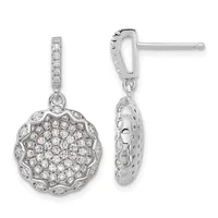 A pair of silver drop earrings with diamond-studded posts and circular pendants featuring round diamonds arranged in a paved pattern with scalloped edges, shown from front and back views.