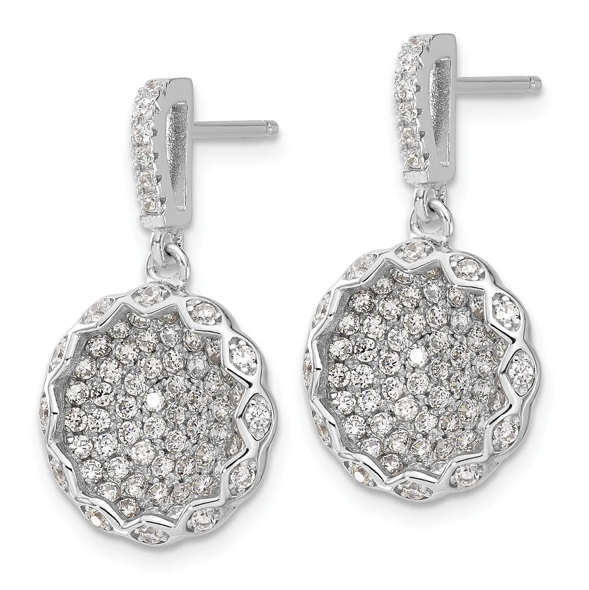 Pair of silver drop earrings with diamond-paved round pendants featuring scalloped edges, suspended from matching diamond-set rectangular posts.
