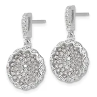 Pair of silver drop earrings with diamond-paved round pendants featuring scalloped edges, suspended from matching diamond-set rectangular posts.