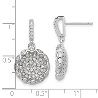 Pair of silver drop earrings with scalloped circular pendants densely set with round crystals, shown front and back views next to a measurement scale.