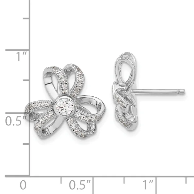 Silver flower-shaped stud earrings with a round center stone and pave-set smaller stones on the petals, shown from front and side views with a measurement scale.