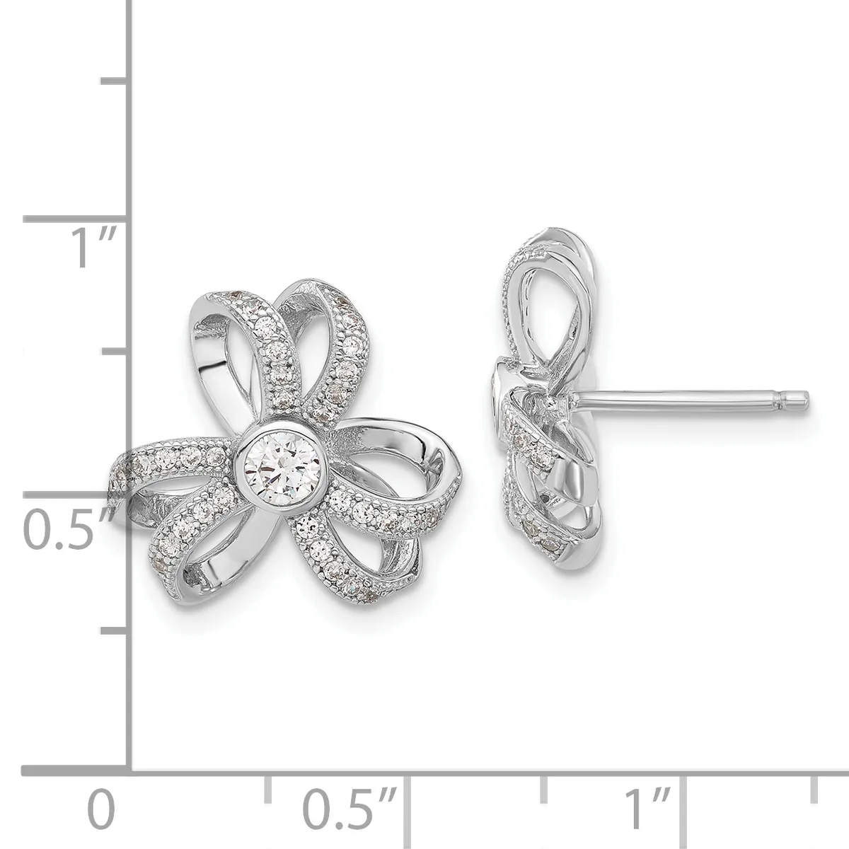 Silver flower-shaped stud earrings with a round center stone and pave-set smaller stones on the petals, shown from front and side views with a measurement scale.