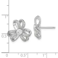 Silver flower-shaped stud earrings with a round center stone and pave-set smaller stones on the petals, shown from front and side views with a measurement scale.