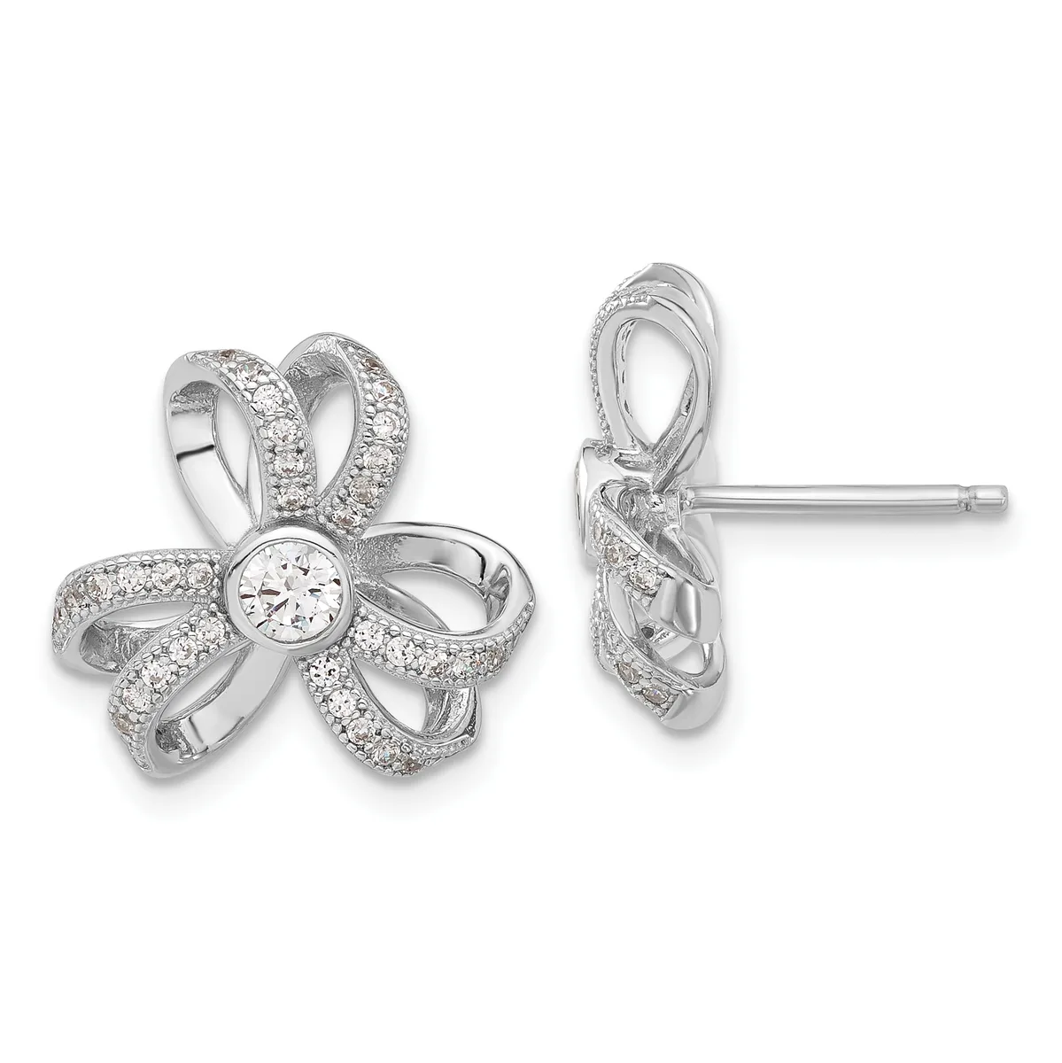 Pair of silver flower-shaped stud earrings with diamond pavé petals and a round diamond center stone, shown from front and side views.