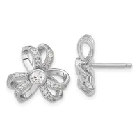Pair of silver flower-shaped stud earrings with diamond pavé petals and a round diamond center stone, shown from front and side views.