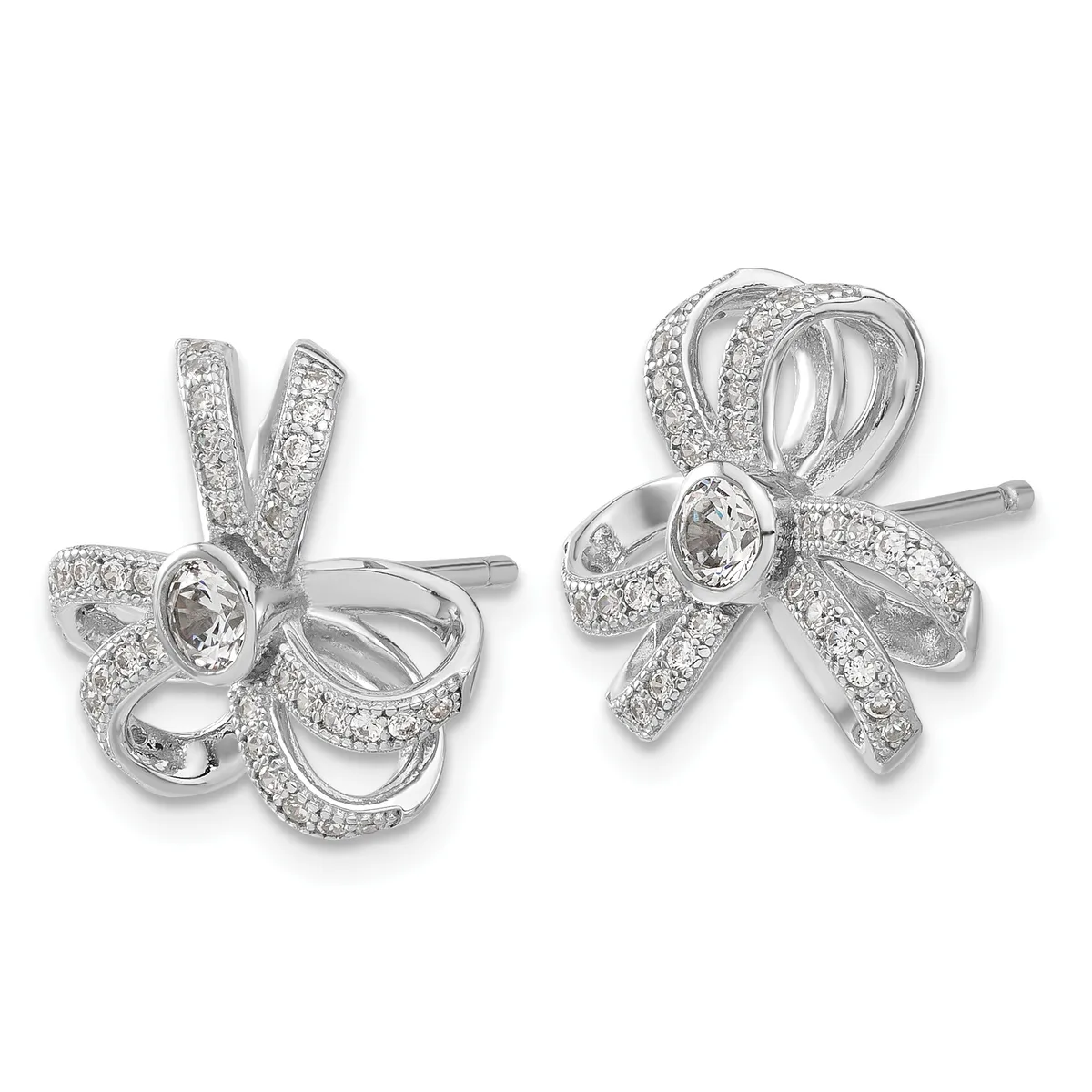 Pair of silver bow-shaped stud earrings with pave-set cubic zirconia stones and oval faceted stones at the center, shown from front and back angles.