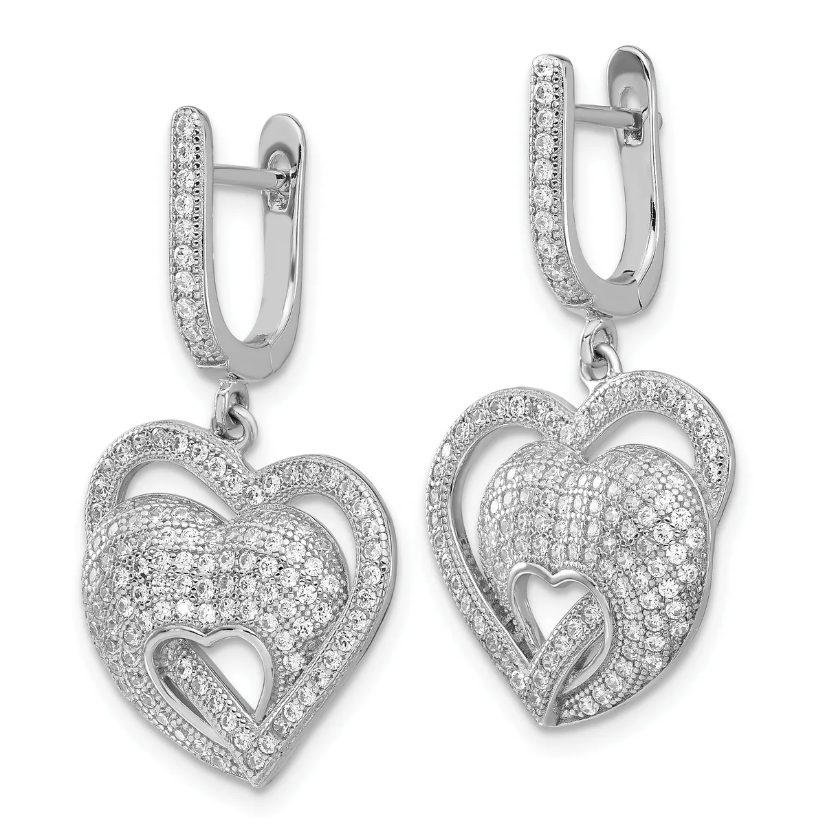 A pair of silver heart-shaped drop earrings with diamond pavé setting, featuring nested hearts with a small cutout heart at the center, suspended from hinged rectangular upper posts also set with diamonds.