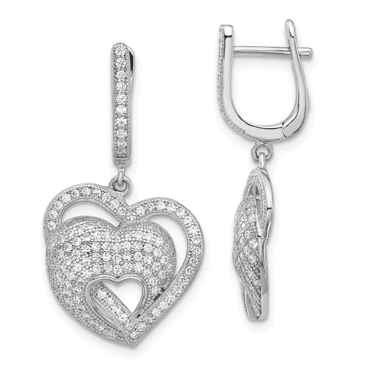 Pair of silver drop earrings with pave-set diamonds featuring nested heart shapes, shown from front and side views.