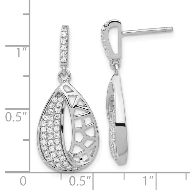 Pair of silver teardrop dangle earrings with pave diamond accents and geometric cutout details, shown front and side view with measurement scale.