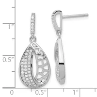 Pair of silver teardrop dangle earrings with pave diamond accents and geometric cutout details, shown front and side view with measurement scale.