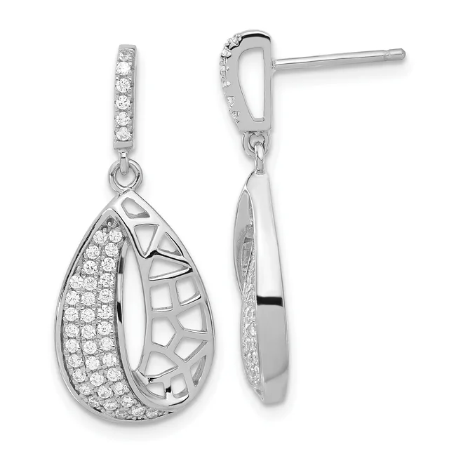 A pair of teardrop-shaped silver dangle earrings with diamond pavé settings and geometric cutout details on the back, shown from front and back views.