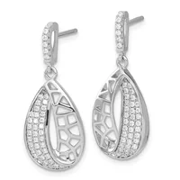 Pair of silver teardrop dangle earrings with diamond pave settings on the posts and outer edges, featuring openwork geometric patterns in the center.
