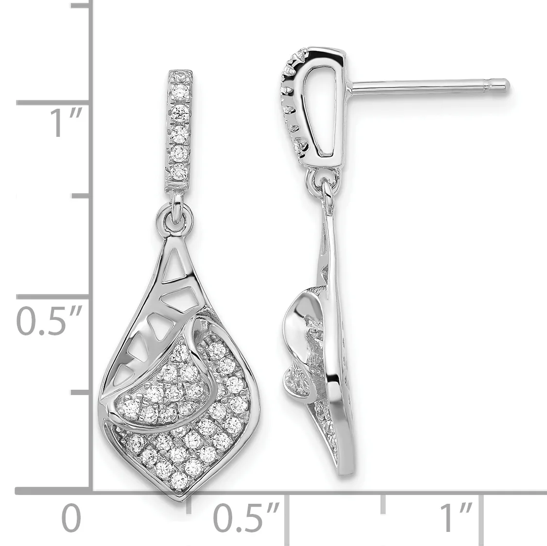 Silver drop earrings with diamond-shaped pendants featuring cubic zirconia stones and openwork detailing, shown next to a measurement ruler.