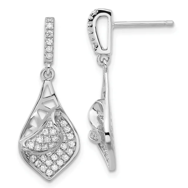 A pair of silver drop earrings with diamond-set posts and teardrop-shaped pendants featuring open geometric cutouts and pave diamond settings, shown from front and side views.