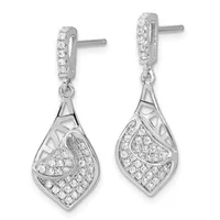 A pair of silver drop earrings with diamond-studded rectangular posts connected to larger teardrop-shaped pendants featuring curved cutout designs and pavé diamond settings.