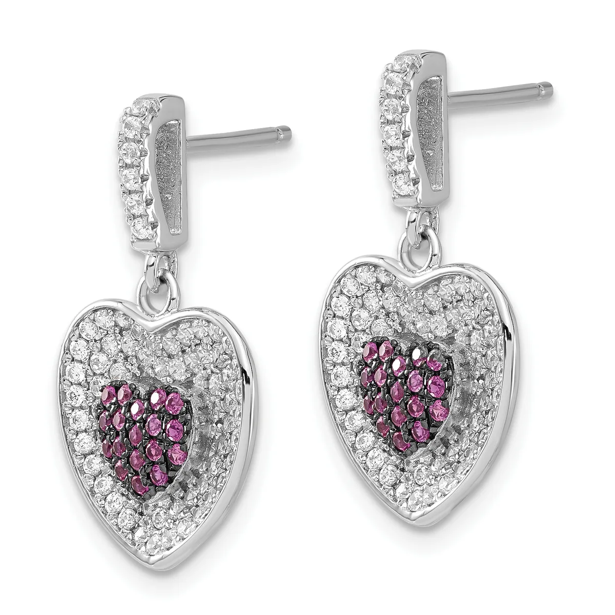 Pair of silver heart-shaped drop earrings with diamond pavé surrounds and ruby centers, suspended from diamond-set rectangular posts.