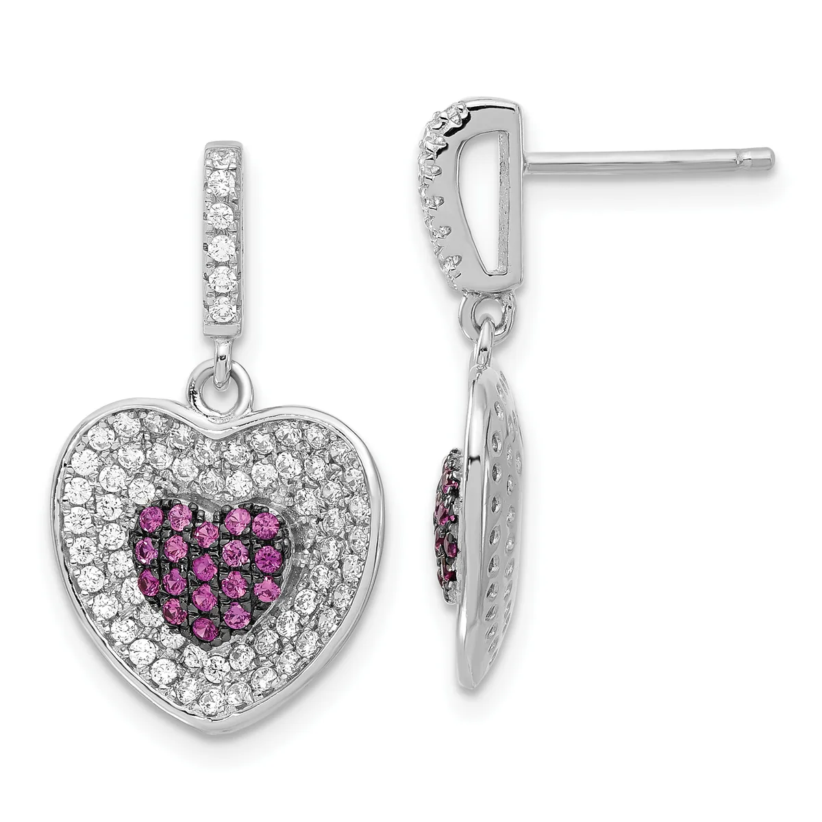 Pair of silver heart-shaped drop earrings with white diamond pavé outer border and pink sapphire pavé inner heart, shown from front and side view.