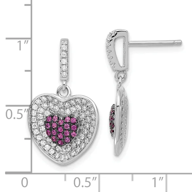 Sterling silver heart drop earrings with white cubic zirconia border and purple cubic zirconia center, shown on a measurement scale.