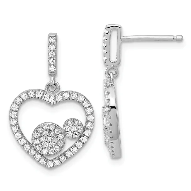 Pair of silver heart-shaped dangle earrings with round diamonds set in the outline and center of each heart, shown from front and side views.