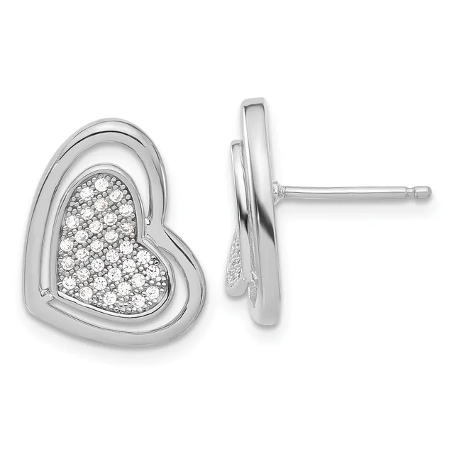 A pair of silver heart-shaped stud earrings with pave-set diamonds, shown from front and side views.