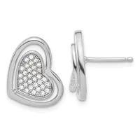 A pair of silver heart-shaped stud earrings with pave-set diamonds, shown from front and side views.