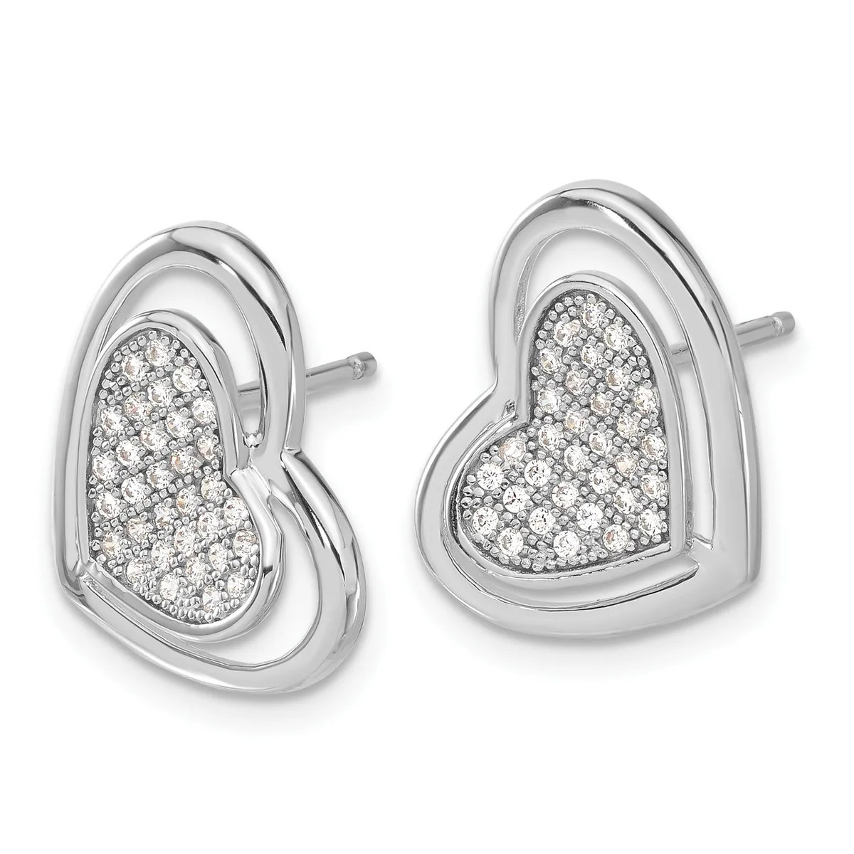 A pair of silver heart-shaped stud earrings with pave-set diamonds throughout the heart faces, shown from a front angle against a white background.
