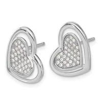 A pair of silver heart-shaped stud earrings with pave-set diamonds throughout the heart faces, shown from a front angle against a white background.