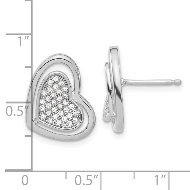 Silver heart-shaped stud earrings with pave diamond centers, shown from front and side views with measurement scale indicating approximately one inch in height.