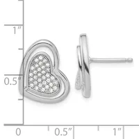 Silver heart-shaped stud earrings with pave diamond centers, shown from front and side views with measurement scale indicating approximately one inch in height.