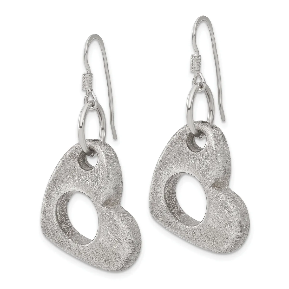 A pair of silver dangle earrings with organic, curved abstract shapes featuring oval cutouts, suspended from curved ear wires with brushed matte finish.