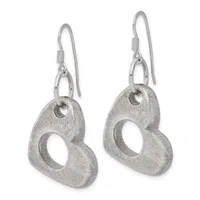 A pair of silver dangle earrings with organic, curved abstract shapes featuring oval cutouts, suspended from curved ear wires with brushed matte finish.