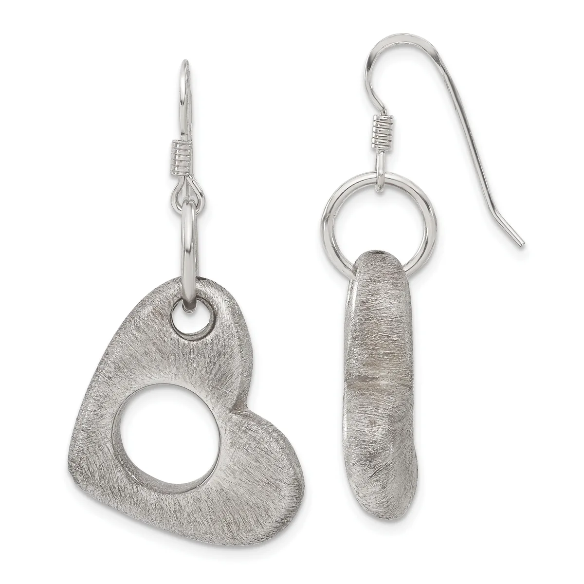 Pair of silver dangle earrings with brushed finish: one heart-shaped with a cutout center, one elongated oval, both suspended from hook wires.