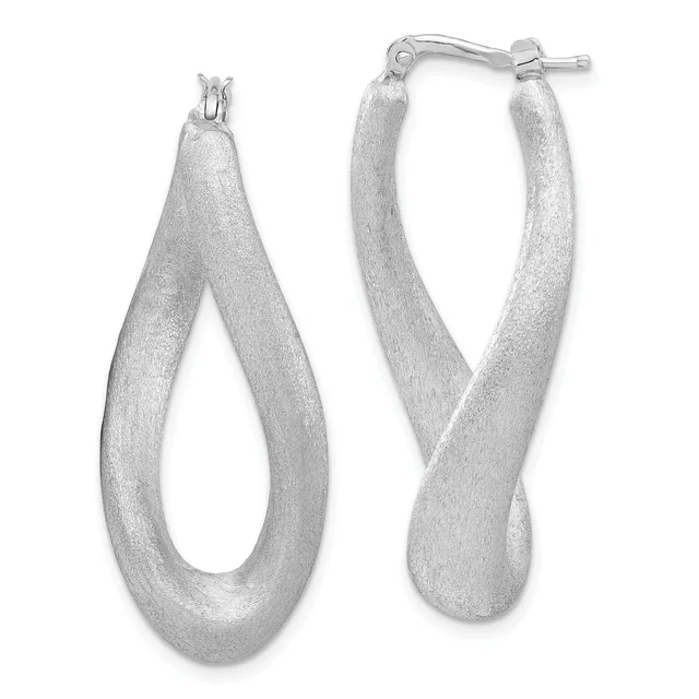 Pair of silver twisted hoop earrings with a brushed finish and post-and-clutch closures, displayed against a white background.
