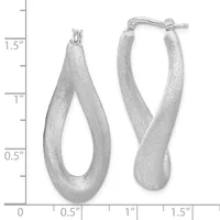 A pair of textured silver oval hoop earrings with a twisted design, shown against a measurement scale indicating approximately 1.5 inches in length.