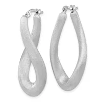 A pair of textured silver hoop earrings with an elongated oval shape, shown from front and side views.