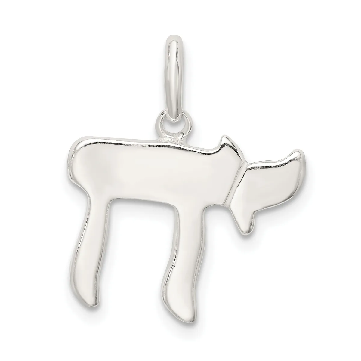 Silver pendant in the shape of a chai symbol with a polished finish and a small loop at the top for hanging.