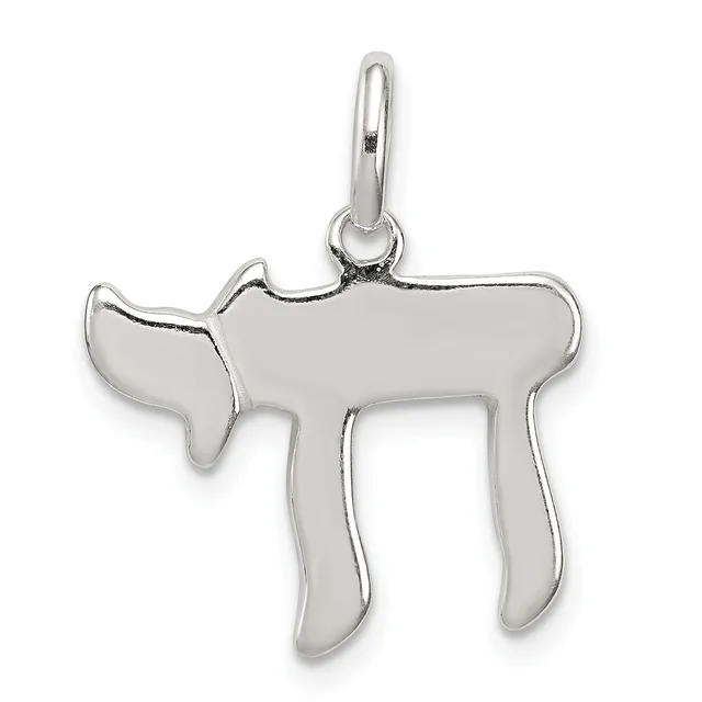 Silver pendant in the shape of a chai symbol with a polished finish and a small loop at the top for hanging.