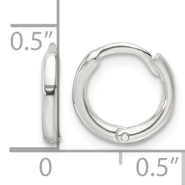 Pair of polished silver-toned chunky hoop earrings with a hinged clasp closure, shown from front and side view with measurement scale indicating 0.5 inch diameter.