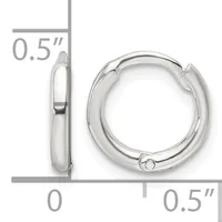 Pair of polished silver-toned chunky hoop earrings with a hinged clasp closure, shown from front and side view with measurement scale indicating 0.5 inch diameter.