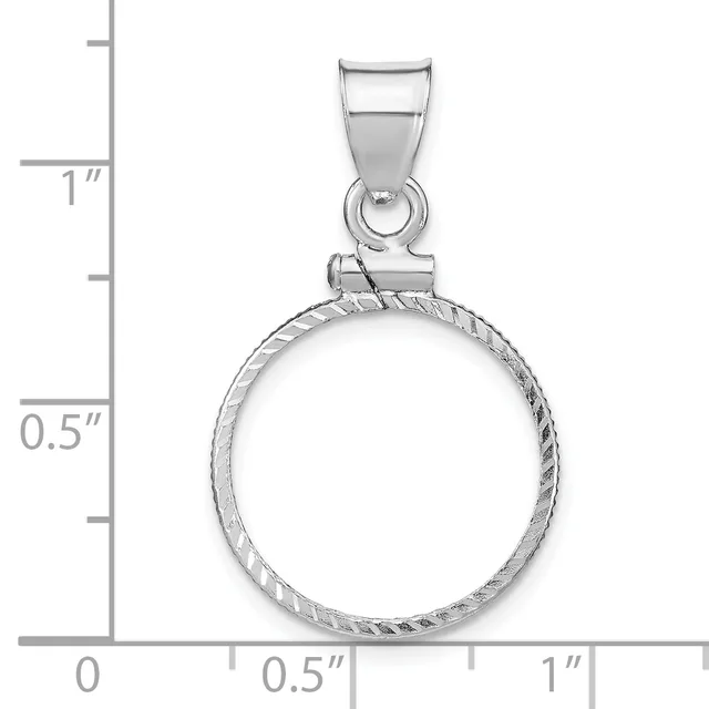 Silver pendant with a twisted rope-textured circular frame and bail, shown against a ruler measuring approximately one inch in height and one inch in width.