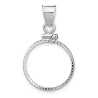 Silver coin bezel pendant with twisted rope-textured rim and rectangular bail attachment, shown hanging against a white background.
