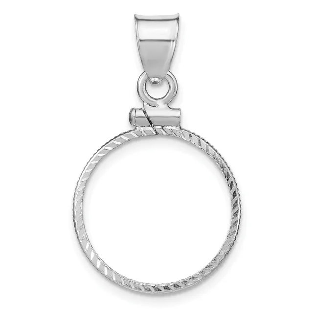 Silver circular pendant with twisted rope-textured rim and rectangular bail attachment, shown against white background.