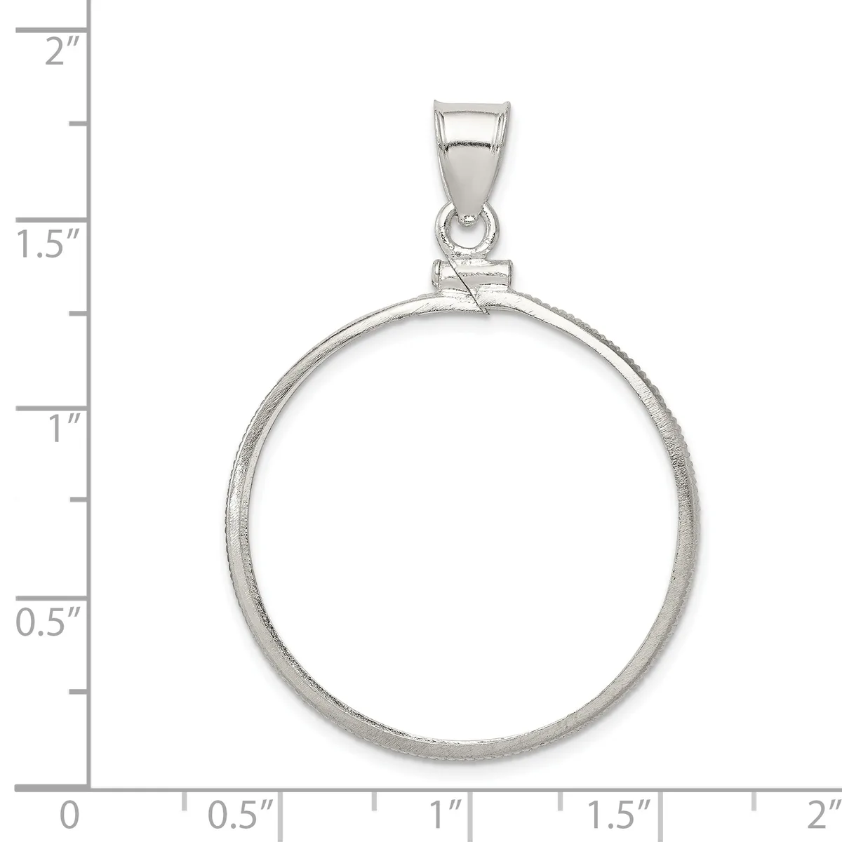 Sterling silver coin bezel pendant with loop bail, shown next to ruler measuring approximately 1.5 inches in diameter.