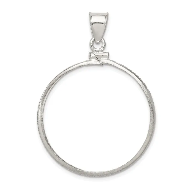 Sterling silver circular pendant with a polished rim and textured surface, suspended from a rectangular bail.